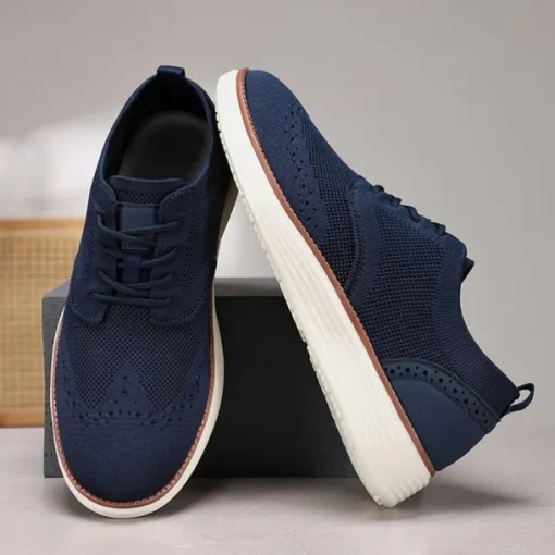 Men's Breathable Knit Brogue Sneakers - Casual Lace-Up Lightweight Shoes for Daily Wear & Walking
