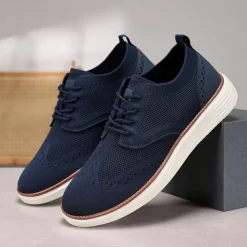 Men's Breathable Knit Brogue Sneakers - Casual Lace-Up Lightweight Shoes for Daily Wear & Walking