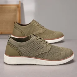 Men's Breathable Knit Brogue Sneakers - Casual Lace-Up Lightweight Shoes for Daily Wear & Walking