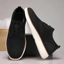 Men's Breathable Knit Brogue Sneakers - Casual Lace-Up Lightweight Shoes for Daily Wear & Walking