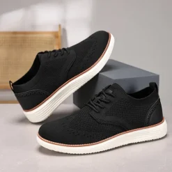 Men's Breathable Knit Brogue Sneakers - Casual Lace-Up Lightweight Shoes for Daily Wear & Walking