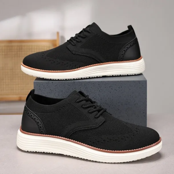 Men's Breathable Knit Brogue Sneakers - Casual Lace-Up Lightweight Shoes for Daily Wear & Walking