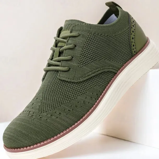 Men's Breathable Knit Brogue Sneakers - Casual Lace-Up Lightweight Shoes for Daily Wear & Walking