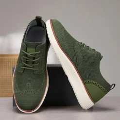 Men's Breathable Knit Brogue Sneakers - Casual Lace-Up Lightweight Shoes for Daily Wear & Walking