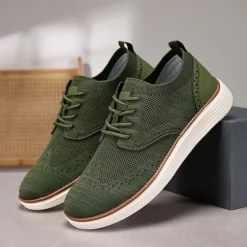 Men's Breathable Knit Brogue Sneakers - Casual Lace-Up Lightweight Shoes for Daily Wear & Walking