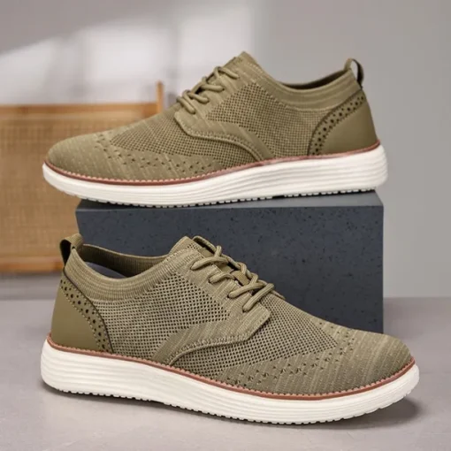 Men's Breathable Knit Brogue Sneakers - Casual Lace-Up Lightweight Shoes for Daily Wear & Walking