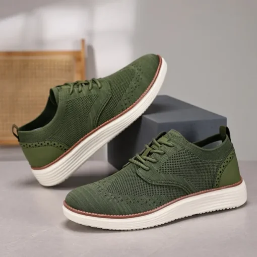 Men's Breathable Knit Brogue Sneakers - Casual Lace-Up Lightweight Shoes for Daily Wear & Walking