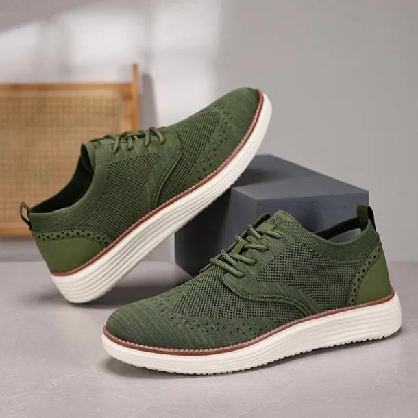 Men's Breathable Knit Brogue Sneakers - Casual Lace-Up Lightweight Shoes for Daily Wear & Walking