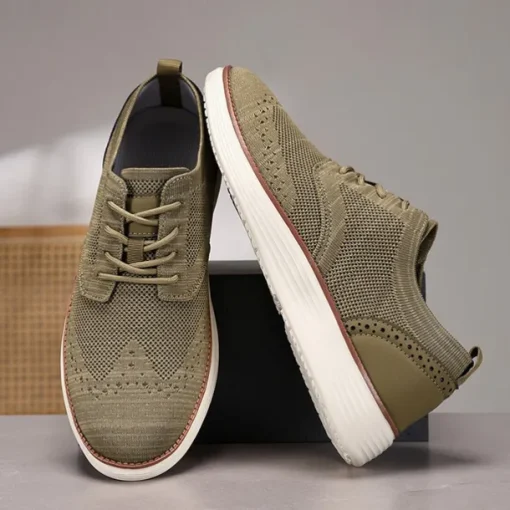 Men's Breathable Knit Brogue Sneakers - Casual Lace-Up Lightweight Shoes for Daily Wear & Walking