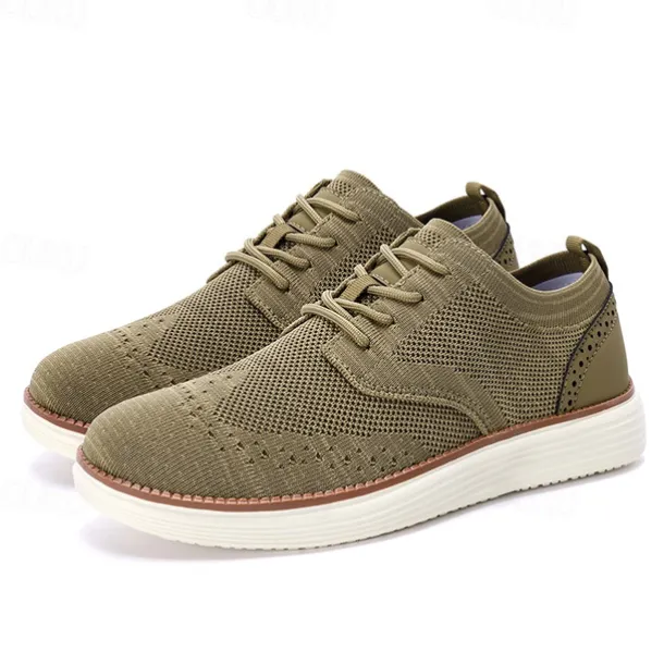 Men's Breathable Knit Brogue Sneakers - Casual Lace-Up Lightweight Shoes for Daily Wear & Walking