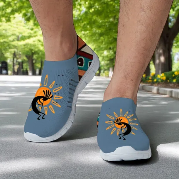 Men's Breathable Tribal Print Slip-On Walking Sneakers – Lightweight Flyknit Mesh Shoes for Casual Outdoor Activities