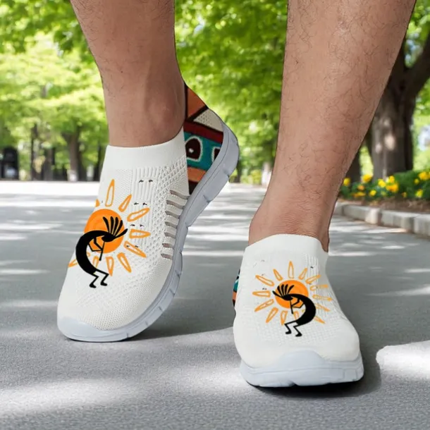 Men's Breathable Tribal Print Slip-On Walking Sneakers – Lightweight Flyknit Mesh Shoes for Casual Outdoor Activities
