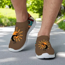 Men's Breathable Tribal Print Slip-On Walking Sneakers – Lightweight Flyknit Mesh Shoes for Casual Outdoor Activities