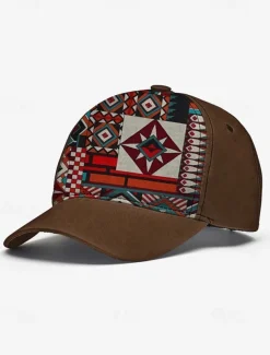 Men's Brown Baseball Cap with Colorful Tribal Print – Adjustable Casual Hat for Outdoor Activities and Festivals