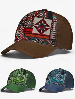 Men's Brown Baseball Cap with Colorful Tribal Print – Adjustable Casual Hat for Outdoor Activities and Festivals