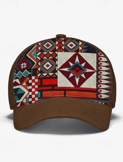 Men's Brown Baseball Cap with Colorful Tribal Print – Adjustable Casual Hat for Outdoor Activities and Festivals