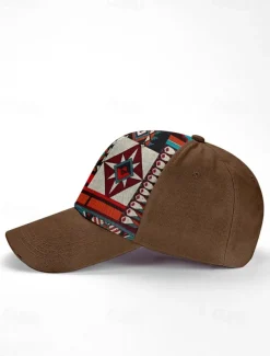 Men's Brown Baseball Cap with Colorful Tribal Print – Adjustable Casual Hat for Outdoor Activities and Festivals