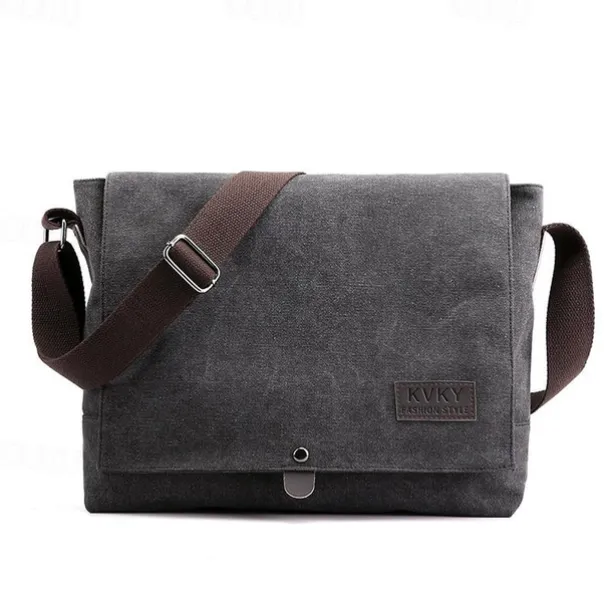Men's Brown Canvas Messenger Bag with Adjustable Shoulder Strap and Minimalist Design - Durable and Stylish for Work or Casual Use