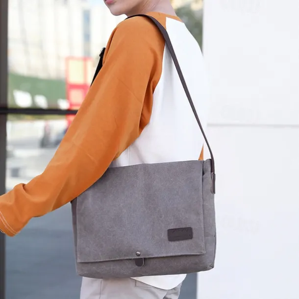 Men's Brown Canvas Messenger Bag with Adjustable Shoulder Strap and Minimalist Design - Durable and Stylish for Work or Casual Use
