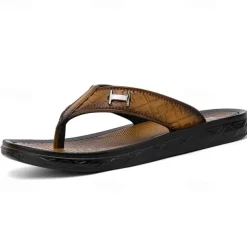 Men's Brown Casual Flip Flops with Textured Footbed and Adjustable Strap – Comfortable Outdoor Sandals for Summer and Beach Wear