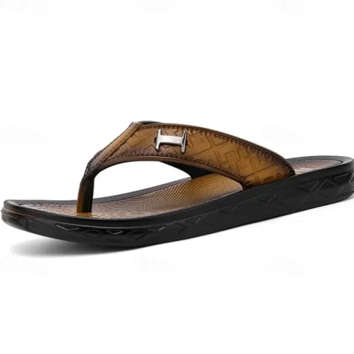 Men's Brown Casual Flip Flops with Textured Footbed and Adjustable Strap – Comfortable Outdoor Sandals for Summer and Beach Wear