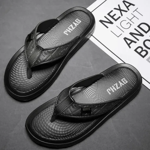 Men's Brown Casual Flip Flops with Textured Footbed and Adjustable Strap – Comfortable Outdoor Sandals for Summer and Beach Wear