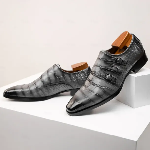 Men's Brown Cowhide Leather Dress Shoes - Crocodile Pattern with Triple Buckle Straps and Pointed Toe Design