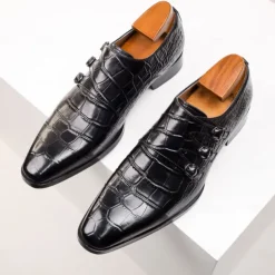 Men's Brown Cowhide Leather Dress Shoes - Crocodile Pattern with Triple Buckle Straps and Pointed Toe Design