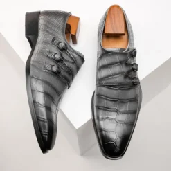 Men's Brown Cowhide Leather Dress Shoes - Crocodile Pattern with Triple Buckle Straps and Pointed Toe Design