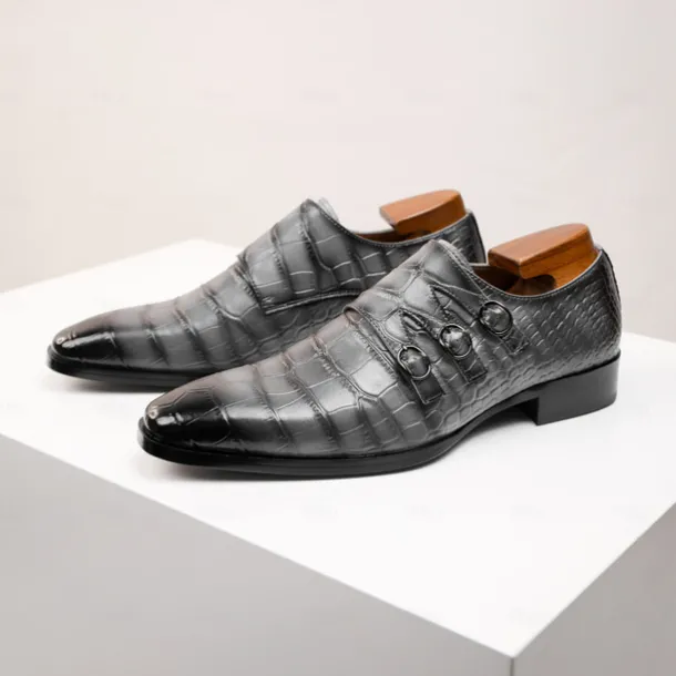Men's Brown Cowhide Leather Dress Shoes - Crocodile Pattern with Triple Buckle Straps and Pointed Toe Design