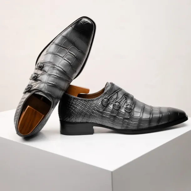 Men's Brown Cowhide Leather Dress Shoes - Crocodile Pattern with Triple Buckle Straps and Pointed Toe Design