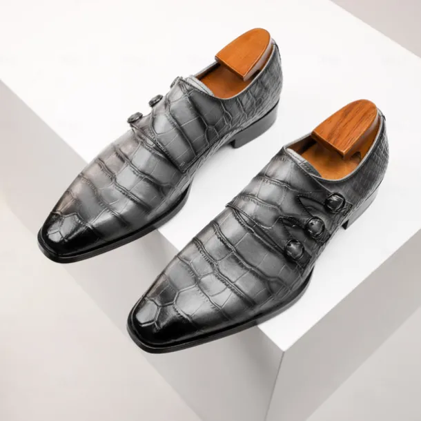 Men's Brown Cowhide Leather Dress Shoes - Crocodile Pattern with Triple Buckle Straps and Pointed Toe Design