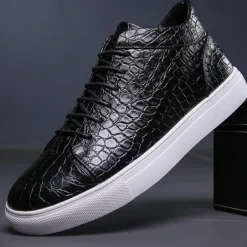 Men's Brown Crocodile Pattern Faux Leather Sneakers with Lace-Up Design and Comfortable White Sole for Casual and Stylish Everyday Wear