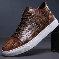 Men's Brown Crocodile Pattern Faux Leather Sneakers with Lace-Up Design and Comfortable White Sole for Casual and Stylish Everyday Wear