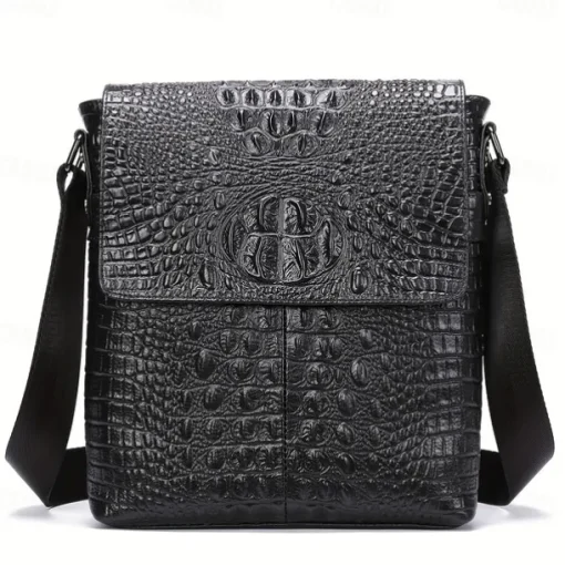 Men's Brown Crocodile Pattern Crossbody Bag, Stylish Leather Shoulder Messenger Bag for Daily Use and Casual Occasions
