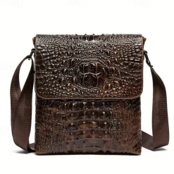 Men's Brown Crocodile Pattern Crossbody Bag, Stylish Leather Shoulder Messenger Bag for Daily Use and Casual Occasions