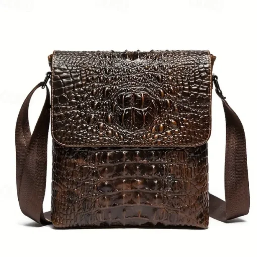 Men's Brown Crocodile Pattern Crossbody Bag, Stylish Leather Shoulder Messenger Bag for Daily Use and Casual Occasions