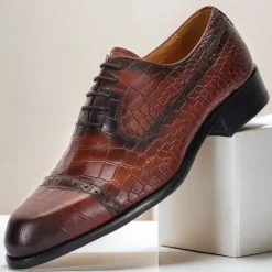 Men's Brown Crocodile Pattern Leather Oxford Shoes – Kentucky Derby Shoes for Formal Occasions