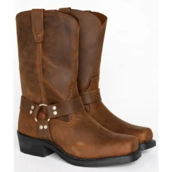 Men's Brown Distressed Faux Leather Motorcycle Boots - Classic Harness Style with Sturdy Construction for Biker and Casual Wear