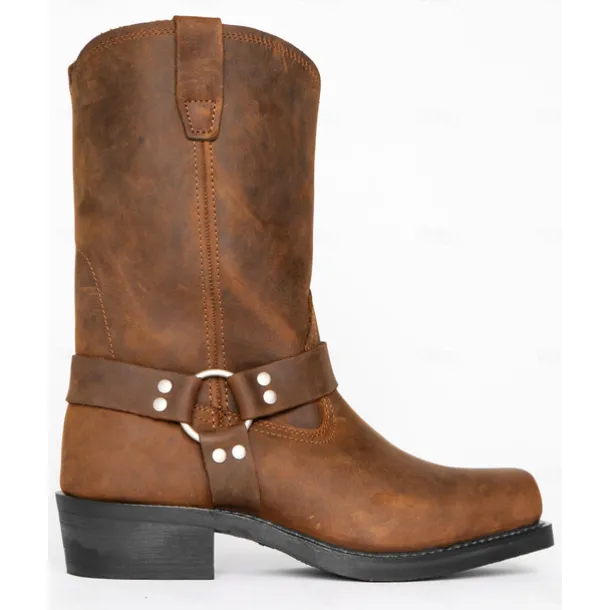 Men's Brown Distressed Faux Leather Motorcycle Boots - Classic Harness Style with Sturdy Construction for Biker and Casual Wear