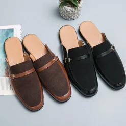Men's Brown Faux Leather and Suede Slip-On Loafers – Stylish Casual Slip-on Shoes with Buckle Detail for Daily Wear, Work & Casual Occasions