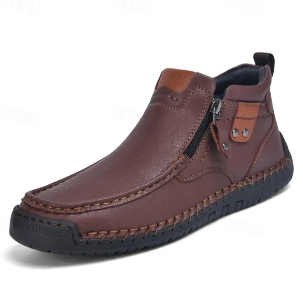 Men's Brown Faux Leather Ankle Boots with Side Zipper and Non-Slip Sole – Casual Outdoor Boots for Work, Travel, and Everyday Wear