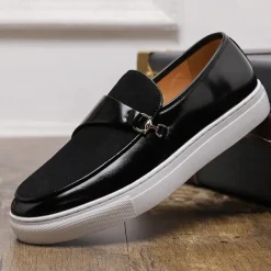 Men's Brown Faux Leather and Suede Loafers with Metal Buckle – Casual Slip-On Shoes with White Sole for Everyday Wear and Semi-Formal Occasions