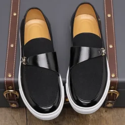 Men's Brown Faux Leather and Suede Loafers with Metal Buckle – Casual Slip-On Shoes with White Sole for Everyday Wear and Semi-Formal Occasions