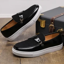 Men's Brown Faux Leather and Suede Loafers with Metal Buckle – Casual Slip-On Shoes with White Sole for Everyday Wear and Semi-Formal Occasions