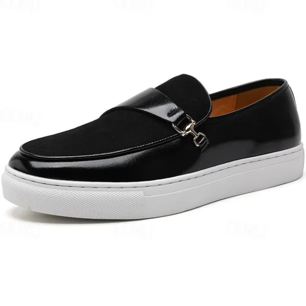 Men's Brown Faux Leather and Suede Loafers with Metal Buckle – Casual Slip-On Shoes with White Sole for Everyday Wear and Semi-Formal Occasions