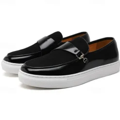 Men's Brown Faux Leather and Suede Loafers with Metal Buckle – Casual Slip-On Shoes with White Sole for Everyday Wear and Semi-Formal Occasions