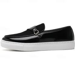 Men's Brown Faux Leather and Suede Loafers with Metal Buckle – Casual Slip-On Shoes with White Sole for Everyday Wear and Semi-Formal Occasions