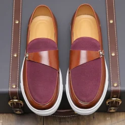 Men's Brown Faux Leather and Suede Loafers with Metal Buckle – Casual Slip-On Shoes with White Sole for Everyday Wear and Semi-Formal Occasions