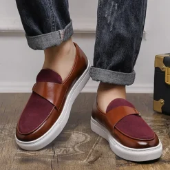 Men's Brown Faux Leather and Suede Loafers with Metal Buckle – Casual Slip-On Shoes with White Sole for Everyday Wear and Semi-Formal Occasions